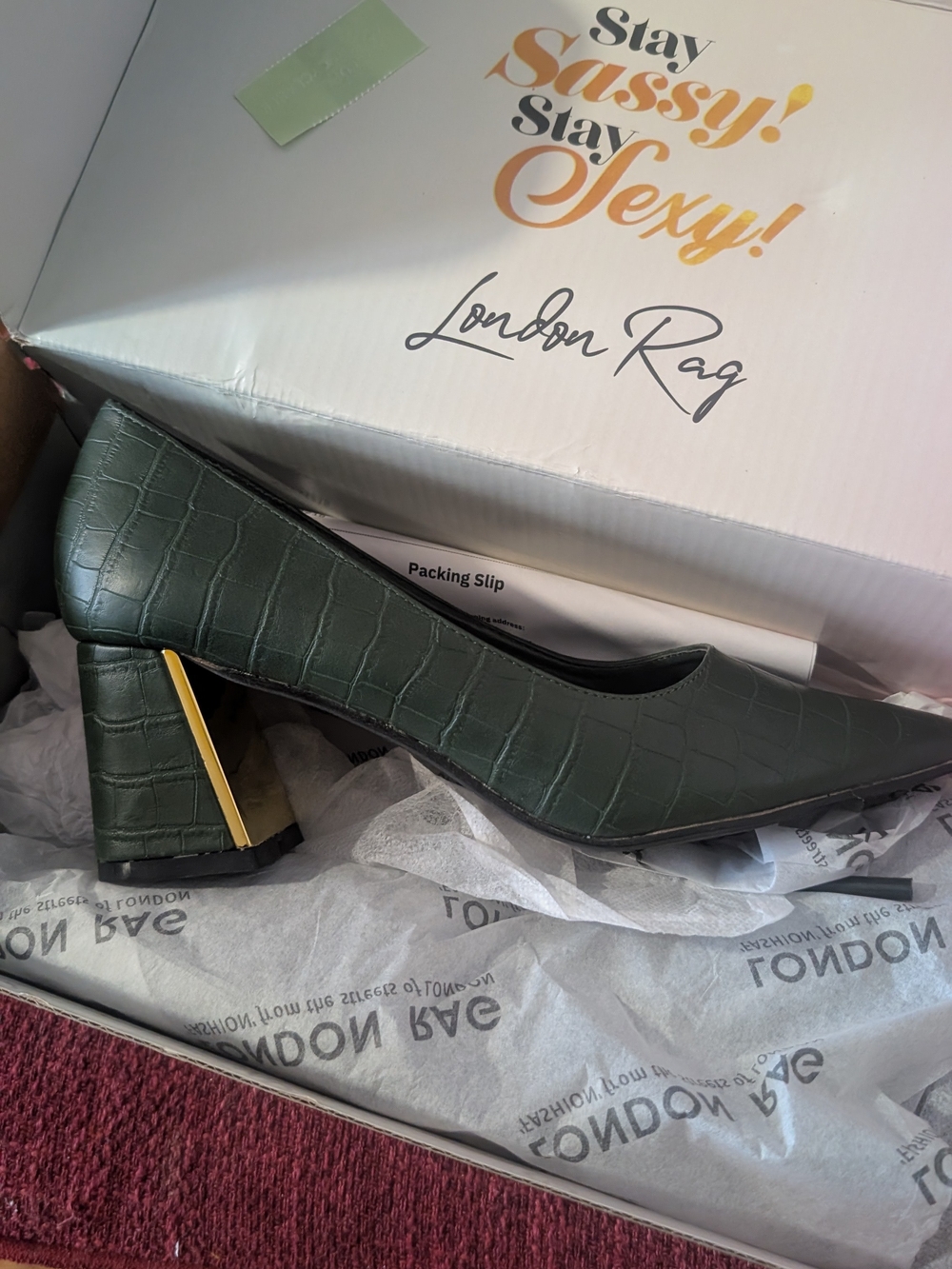 London Rag Dark Green Croc-Embossed Block Heel Pump with Gold Accent